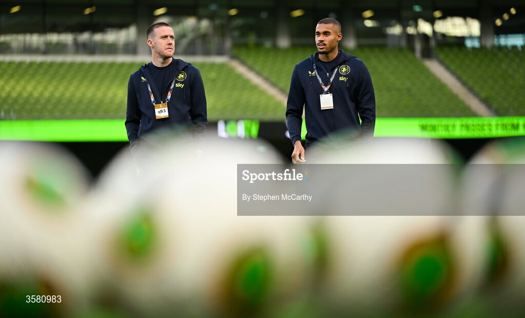 1 October 2026; Jack Moylan, left, and Gavin Bazunu of Republic of Ireland walk the pitch before the UEFA Nations League B match between the Republic of Ireland and Austria at the Aviva Stadium in Dublin. Photo by Stephen McCarthy/Sportsfile