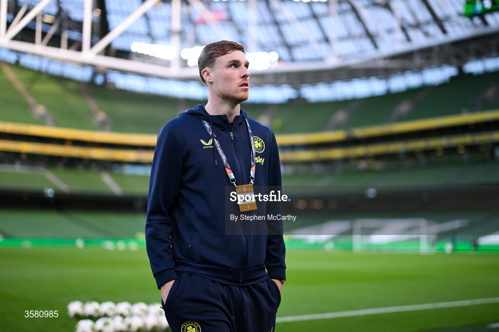 1 October 2026; Jake O'Brien of Republic of Ireland walks the pitch before the UEFA Nations League B match between the Republic of Ireland and Austria at the Aviva Stadium in Dublin. Photo by Stephen McCarthy/Sportsfile