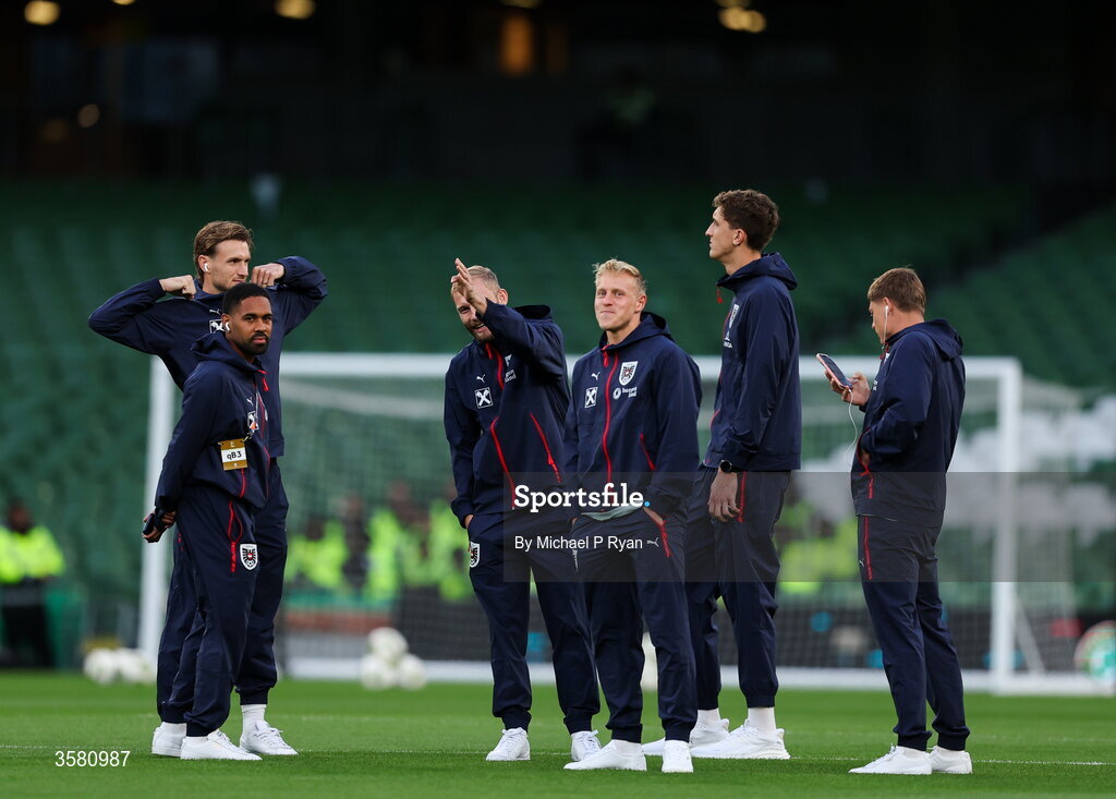 1 October 2026; Austria players before the UEFA Nations League B match between the Republic of Ireland and Austria at the Aviva Stadium in Dublin. Photo by Michael P Ryan/Sportsfile