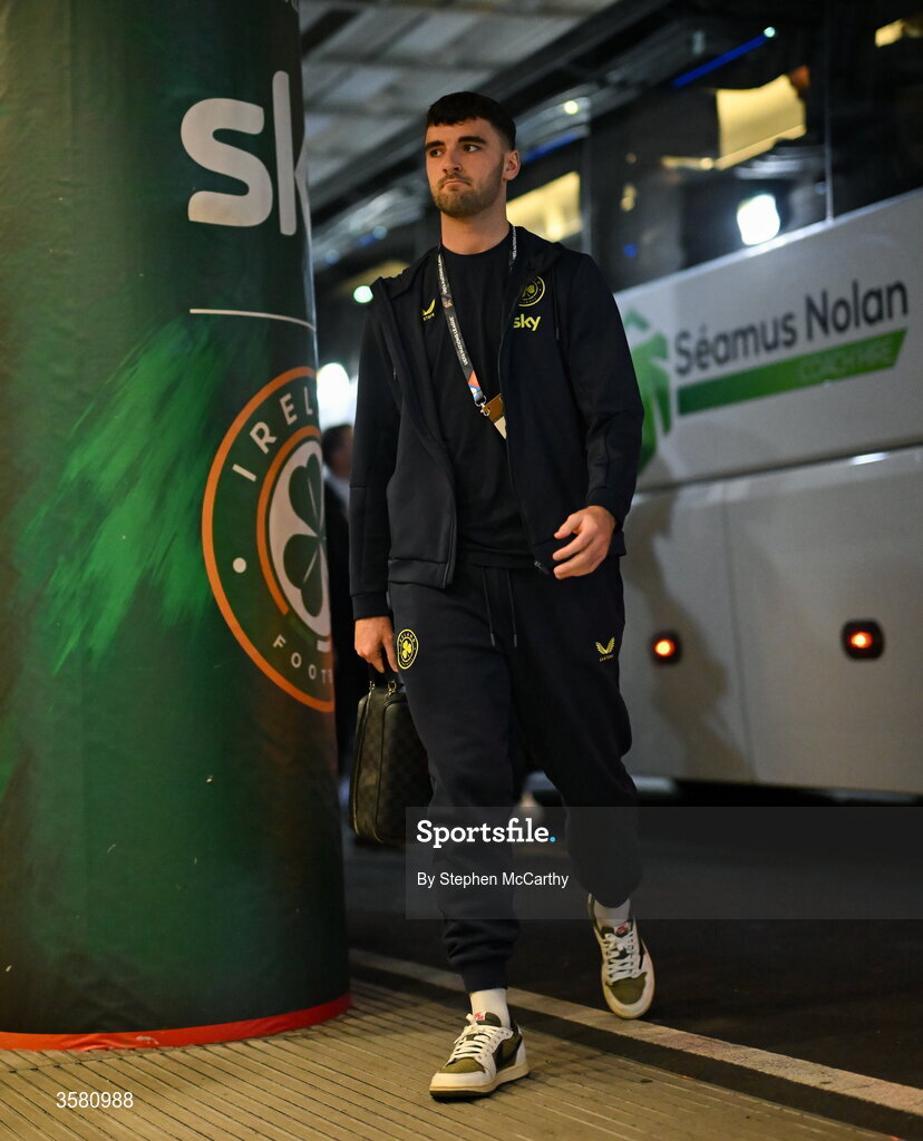 1 October 2026; Tom Cannon of Republic of Ireland arrives before the UEFA Nations League B match between the Republic of Ireland and Austria at the Aviva Stadium in Dublin. Photo by Stephen McCarthy/Sportsfile