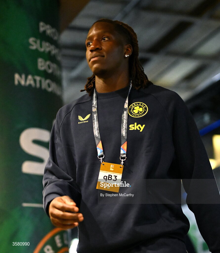 1 October 2026; Bosun Lawal of Republic of Ireland arrives before the UEFA Nations League B match between the Republic of Ireland and Austria at the Aviva Stadium in Dublin. Photo by Stephen McCarthy/Sportsfile
