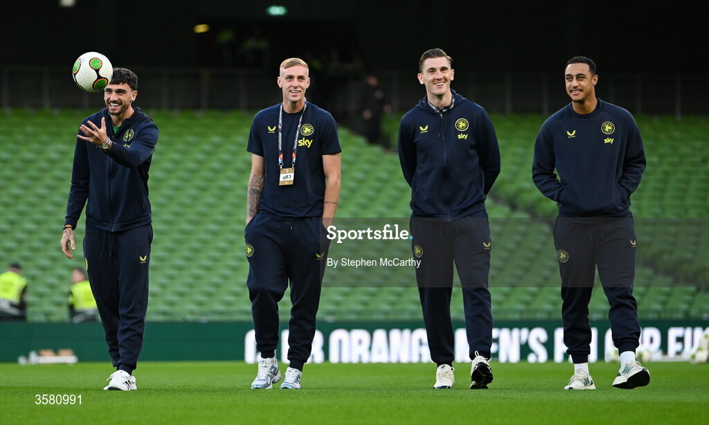 1 October 2026; Republic of Ireland players, from left, Troy Parrott, Killian Phillips, Jimmy Dunne and Adam Idah walk the pitch before the UEFA Nations League B match between the Republic of Ireland and Austria at the Aviva Stadium in Dublin. Photo by Stephen McCarthy/Sportsfile
