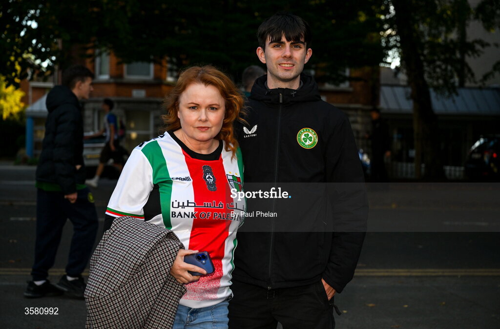 1 October 2026; Republic of Ireland supporters Maeve McGrath, left, and Aidan O'Connor before the UEFA Nations League B match between the Republic of Ireland and Austria at the Aviva Stadium in Dublin. Photo by Paul Phelan/Sportsfile