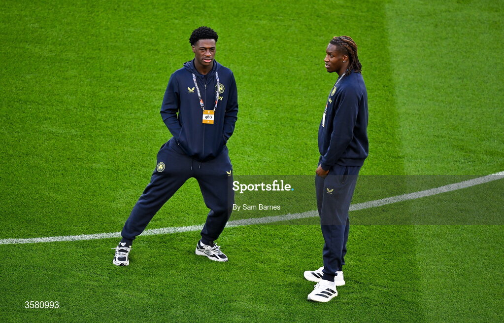 1 October 2026; James Abankwah, left, and Bosun Lawal of Republic of Ireland before the UEFA Nations League B match between the Republic of Ireland and Austria at the Aviva Stadium in Dublin. Photo by Sam Barnes/Sportsfile