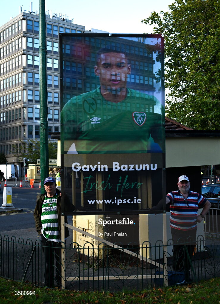1 October 2026; A sign is held up by protesters in support of Republic of Ireland's Gavin Bazunu before the UEFA Nations League B match between the Republic of Ireland and Austria at the Aviva Stadium in Dublin. Photo by Paul Phelan/Sportsfile