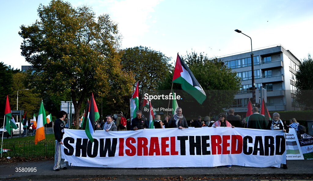 1 October 2026; Protesters outside of the stadium before the UEFA Nations League B match between the Republic of Ireland and Austria at the Aviva Stadium in Dublin. Photo by Paul Phelan/Sportsfile