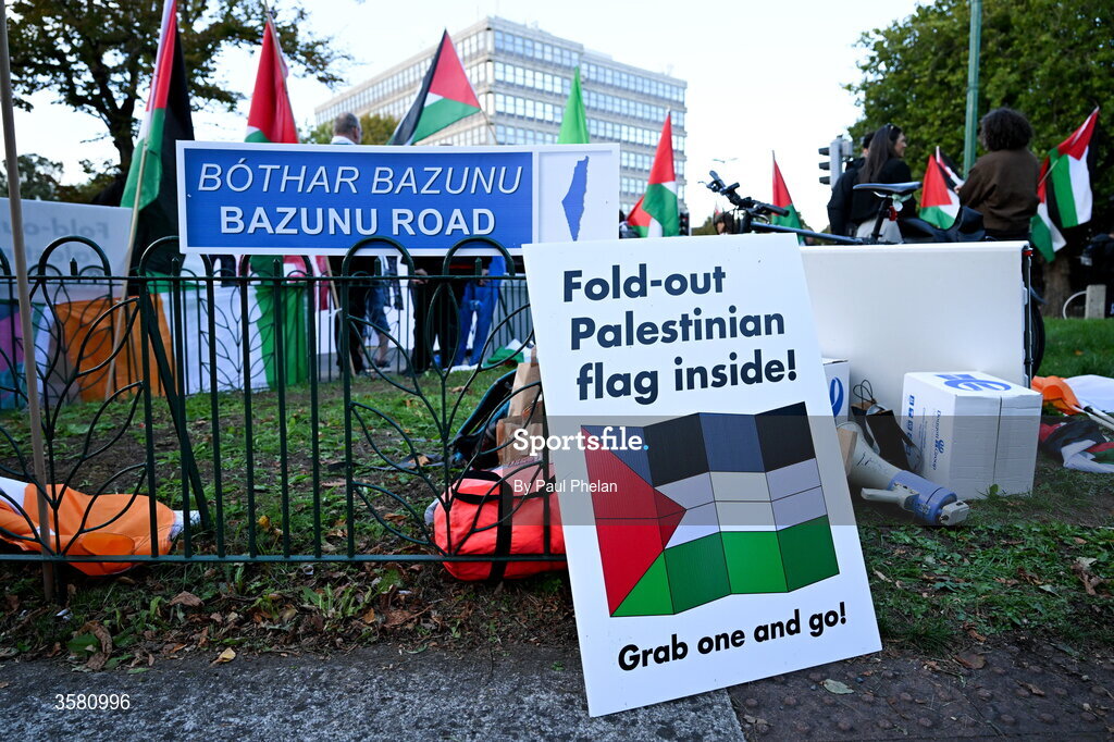 1 October 2026; A protesters sign outside of the stadium before the UEFA Nations League B match between the Republic of Ireland and Austria at the Aviva Stadium in Dublin. Photo by Paul Phelan/Sportsfile