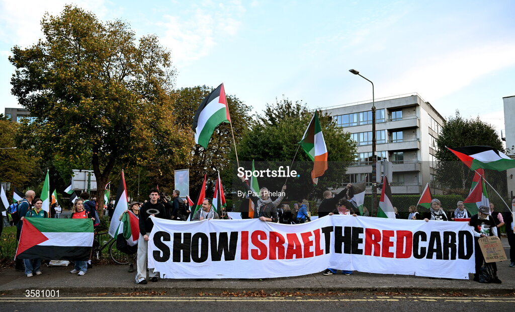 1 October 2026; Protesters stand outside of the stadium before the UEFA Nations League B match between the Republic of Ireland and Austria at the Aviva Stadium in Dublin. Photo by Paul Phelan/Sportsfile