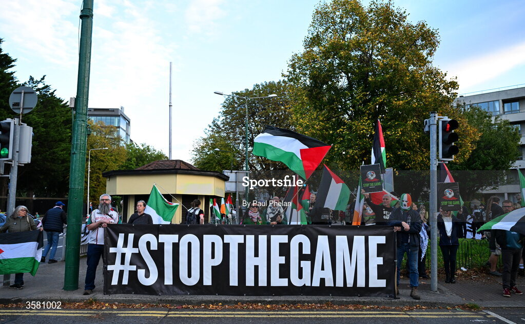 1 October 2026; Protesters stand outside of the stadium before the UEFA Nations League B match between the Republic of Ireland and Austria at the Aviva Stadium in Dublin. Photo by Paul Phelan/Sportsfile
