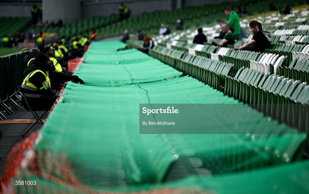 1 October 2026; Front row stadium seats are covered before the UEFA Nations League B match between the Republic of Ireland and Austria at the Aviva Stadium in Dublin. Photo by Ben McShane/Sportsfile