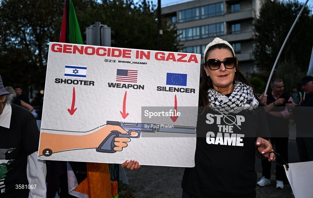 1 October 2026; Protester Michelle Hayes outside of the stadium before the UEFA Nations League B match between the Republic of Ireland and Austria at the Aviva Stadium in Dublin. Photo by Paul Phelan/Sportsfile