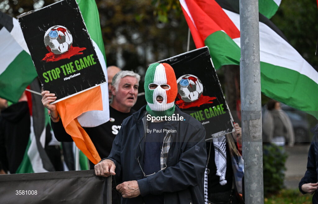 1 October 2026; Protesters outside of the stadium before the UEFA Nations League B match between the Republic of Ireland and Austria at the Aviva Stadium in Dublin. Photo by Paul Phelan/Sportsfile