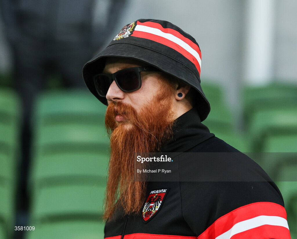 1 October 2026; An Austria supporter before the UEFA Nations League B match between the Republic of Ireland and Austria at the Aviva Stadium in Dublin. Photo by Michael P Ryan/Sportsfile