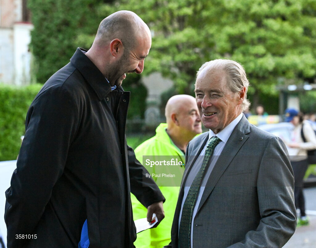 1 October 2026; Daniel Ennis TD for the Social Democrats in Dublin Central and former footballer, left, and former Republic of Ireland MNT and St Patrick's Athletic manager Brian Kerr, outside of the stadium before the UEFA Nations League B match between the Republic of Ireland and Austria at the Aviva Stadium in Dublin. Photo by Paul Phelan/Sportsfile