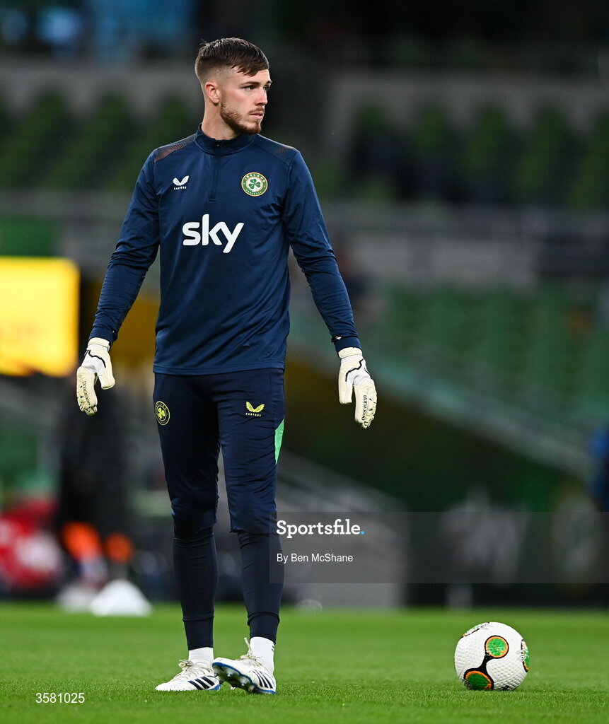 1 October 2026; Republic of Ireland goalkeeper Josh Keeley warms up before the UEFA Nations League B match between the Republic of Ireland and Austria at the Aviva Stadium in Dublin. Photo by Ben McShane/Sportsfile
