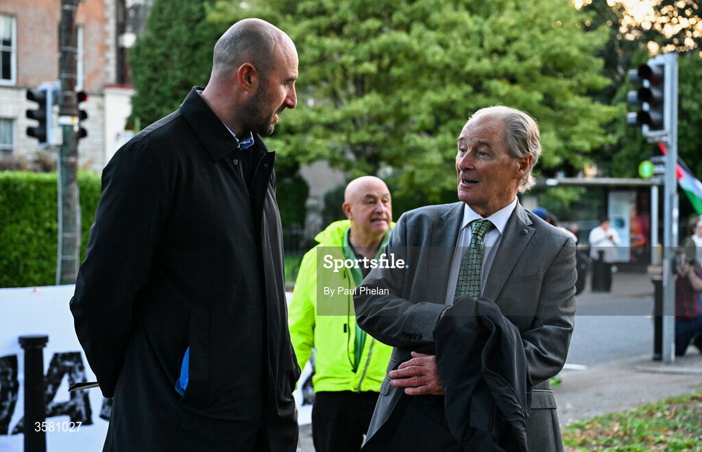 1 October 2026; Daniel Ennis TD for the Social Democrats in Dublin Central and former footballer, left, and former Republic of Ireland MNT and St Patrick's Athletic manager Brian Kerr, outside of the stadium before the UEFA Nations League B match between the Republic of Ireland and Austria at the Aviva Stadium in Dublin. Photo by Paul Phelan/Sportsfile
