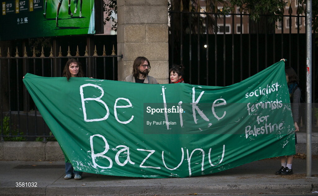 1 October 2026; Protesters outside of the stadium before the UEFA Nations League B match between the Republic of Ireland and Austria at the Aviva Stadium in Dublin. Photo by Paul Phelan/Sportsfile