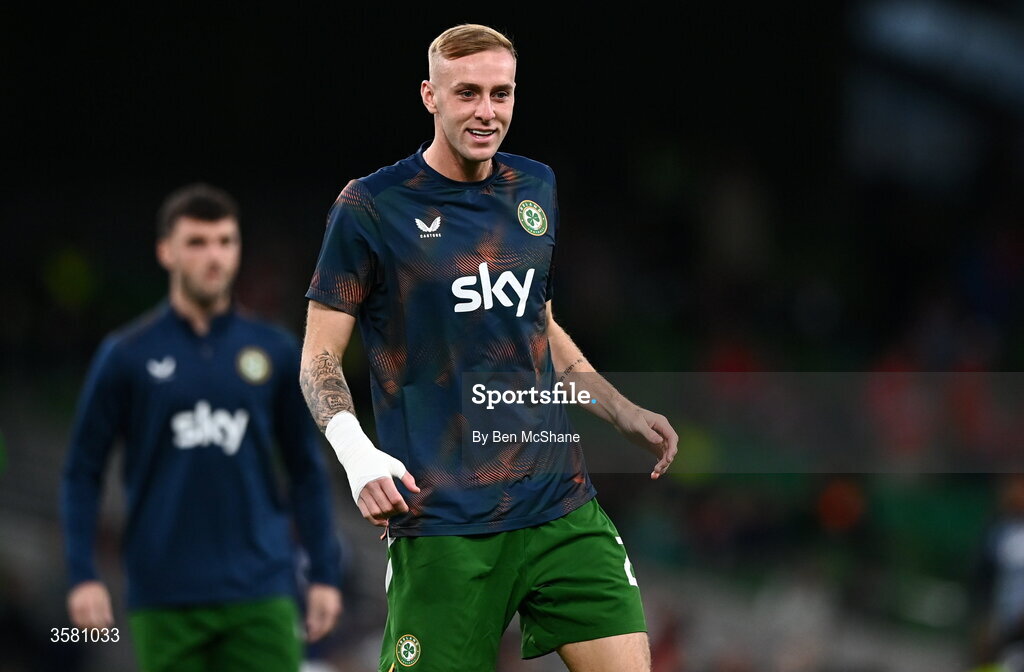 1 October 2026; Killian Phillips of Republic of Ireland warms up before during the UEFA Nations League B match between the Republic of Ireland and Austria at the Aviva Stadium in Dublin. Photo by Ben McShane/Sportsfile