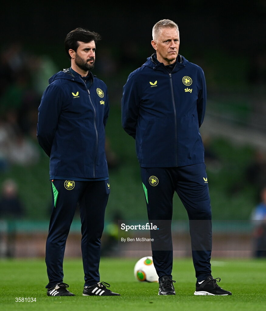 1 October 2026; Republic of Ireland strength and conditioning coach Pepe Lázaro Ramírez, left, and manager Heimir Hallgrimsson before the UEFA Nations League B match between the Republic of Ireland and Austria at the Aviva Stadium in Dublin. Photo by Ben McShane/Sportsfile
