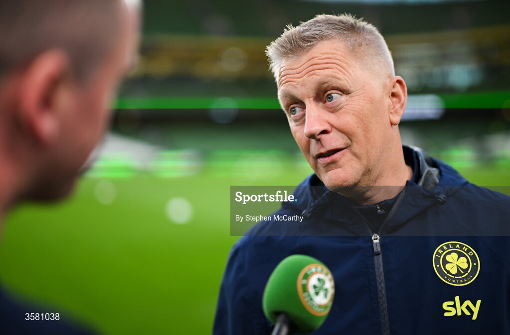 1 October 2026; Republic of Ireland head coach Heimir Hallgrimsson is interviewed before the UEFA Nations League B match between the Republic of Ireland and Austria at the Aviva Stadium in Dublin. Photo by Stephen McCarthy/Sportsfile
