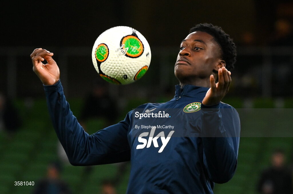 1 October 2026; James Abankwah of Republic of Ireland warms up before the UEFA Nations League B match between the Republic of Ireland and Austria at the Aviva Stadium in Dublin. Photo by Stephen McCarthy/Sportsfile