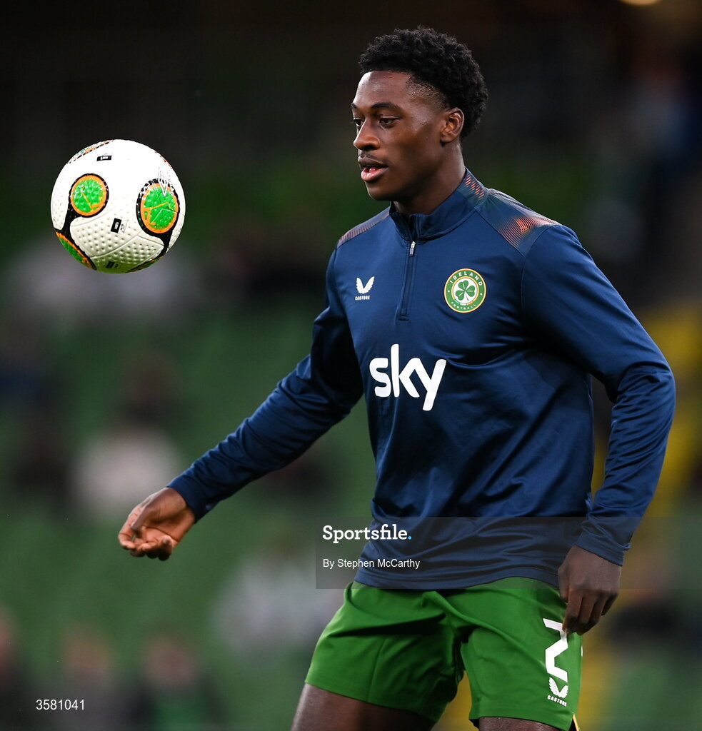 1 October 2026; James Abankwah of Republic of Ireland warms up before the UEFA Nations League B match between the Republic of Ireland and Austria at the Aviva Stadium in Dublin. Photo by Stephen McCarthy/Sportsfile