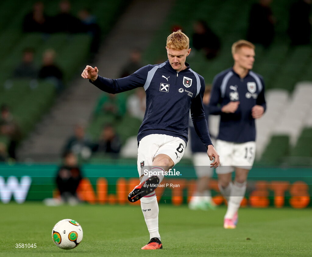1 October 2026; Nicolas Seiwald of Austria warms up before the UEFA Nations League B match between the Republic of Ireland and Austria at the Aviva Stadium in Dublin. Photo by Michael P Ryan/Sportsfile