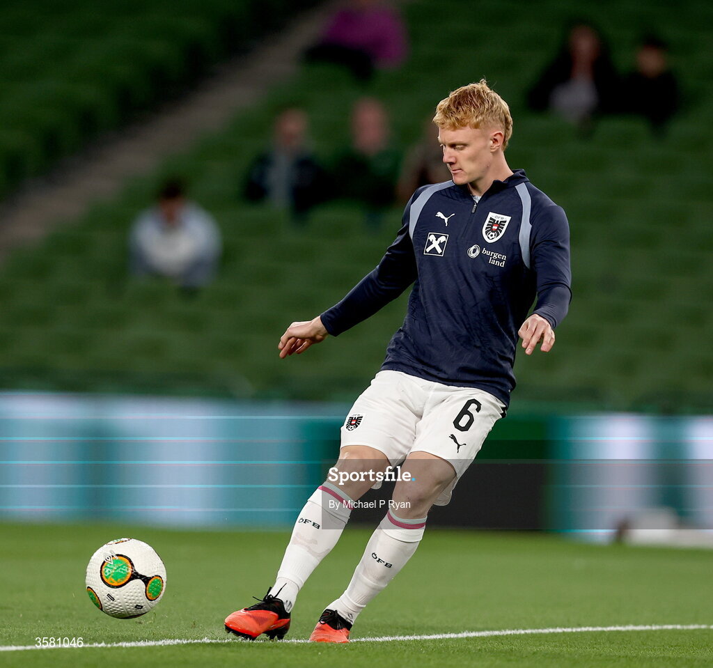 1 October 2026; Nicolas Seiwald of Austria warms up before the UEFA Nations League B match between the Republic of Ireland and Austria at the Aviva Stadium in Dublin. Photo by Michael P Ryan/Sportsfile
