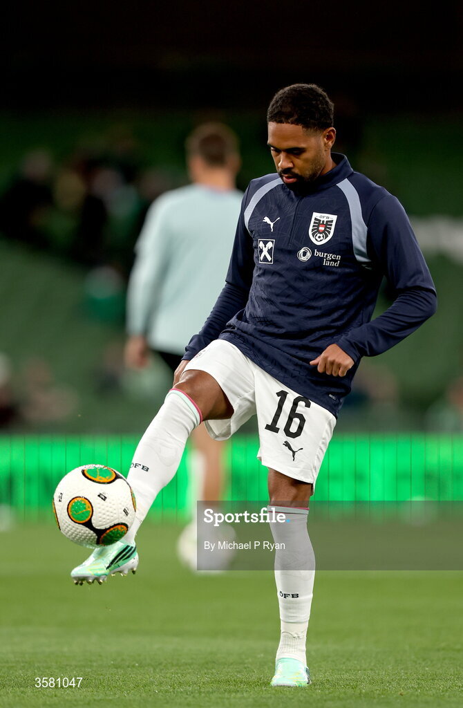 1 October 2026; Phillipp Mwene of Austria warms up before the UEFA Nations League B match between the Republic of Ireland and Austria at the Aviva Stadium in Dublin. Photo by Michael P Ryan/Sportsfile