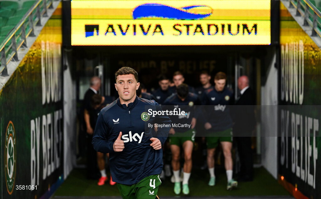 1 October 2026; Republic of Ireland captain Dara O'Shea leads his side out for the warm up before the UEFA Nations League B match between the Republic of Ireland and Austria at the Aviva Stadium in Dublin. Photo by Stephen McCarthy/Sportsfile