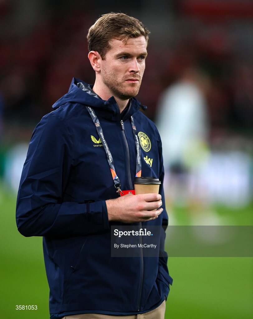 1 October 2026; Injured Republic of Ireland player Nathan Collins before the UEFA Nations League B match between the Republic of Ireland and Austria at the Aviva Stadium in Dublin. Photo by Stephen McCarthy/Sportsfile
