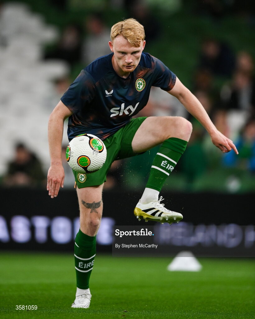 1 October 2026; Liam Scales of Republic of Ireland warms up before the UEFA Nations League B match between the Republic of Ireland and Austria at the Aviva Stadium in Dublin. Photo by Stephen McCarthy/Sportsfile