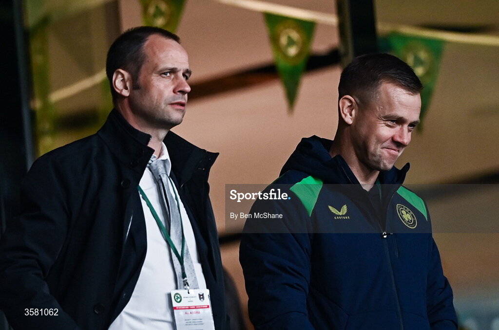 1 October 2026; FAI technical director Shane Robinson, right, and FAI director of football John Martin before the UEFA Nations League B match between the Republic of Ireland and Austria at the Aviva Stadium in Dublin. Photo by Ben McShane/Sportsfile