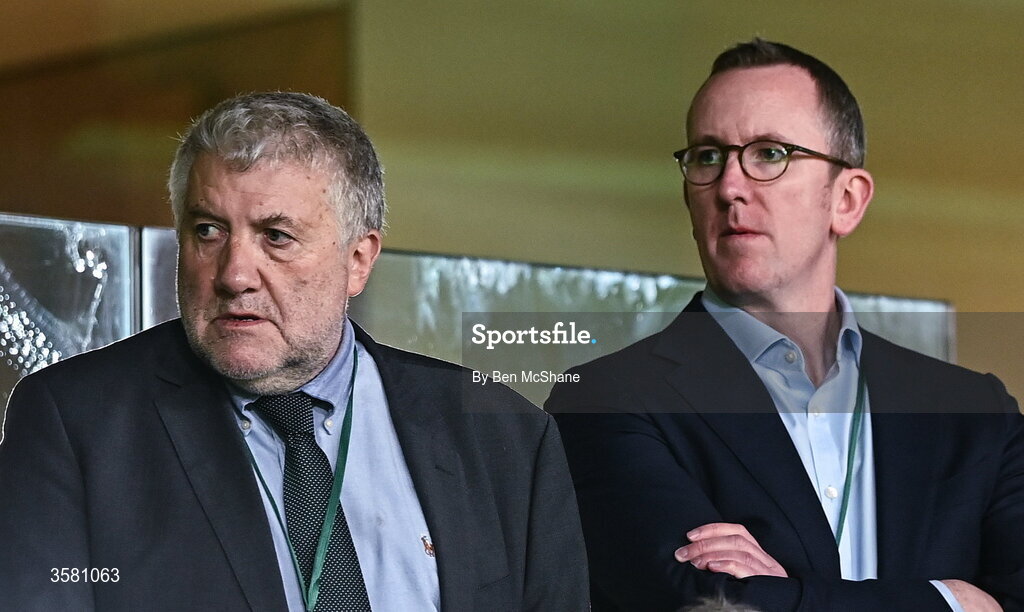 1 October 2026; FAI President Paul Cooke, left, and FAI chief executive officer David Courell before the UEFA Nations League B match between the Republic of Ireland and Austria at the Aviva Stadium in Dublin. Photo by Ben McShane/Sportsfile