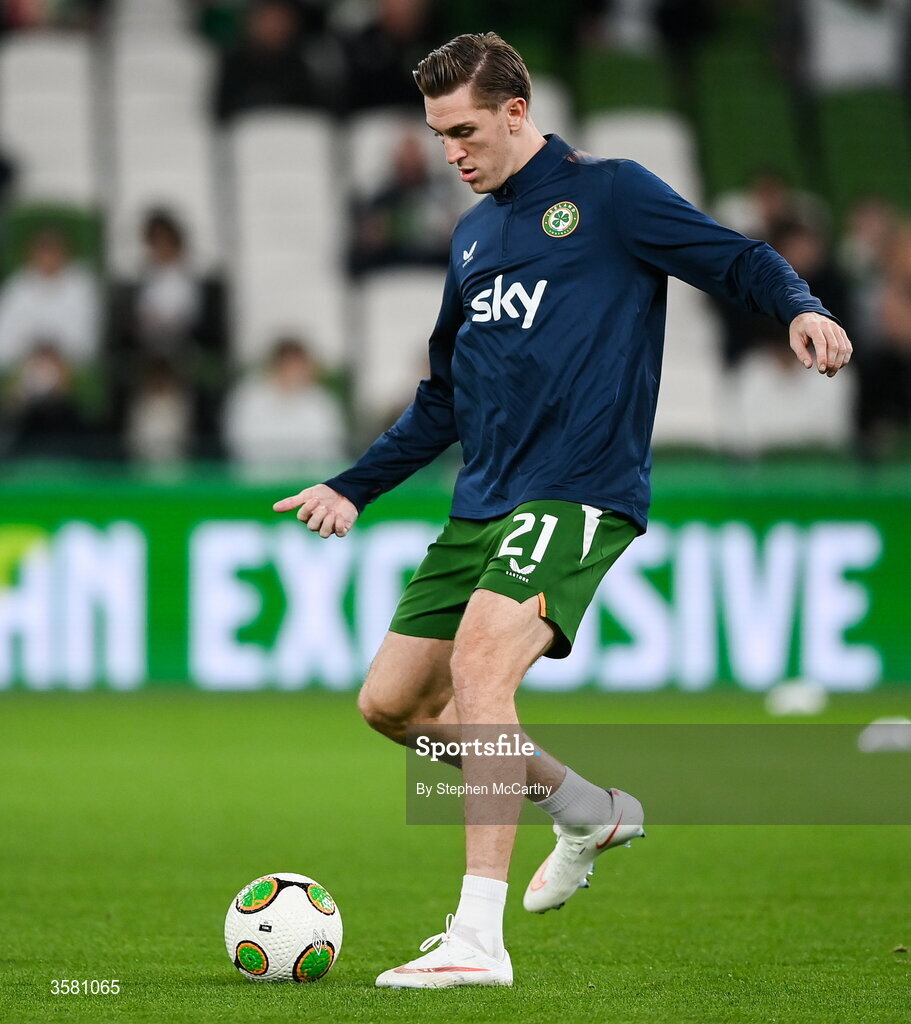 1 October 2026; Jimmy Dunne of Republic of Ireland warms up before the UEFA Nations League B match between the Republic of Ireland and Austria at the Aviva Stadium in Dublin. Photo by Stephen McCarthy/Sportsfile