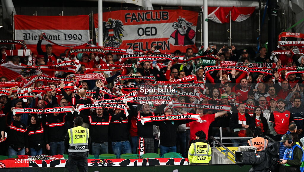 1 October 2026; Austrian supporters before the UEFA Nations League B match between the Republic of Ireland and Austria at the Aviva Stadium in Dublin. Photo by Ben McShane/Sportsfile