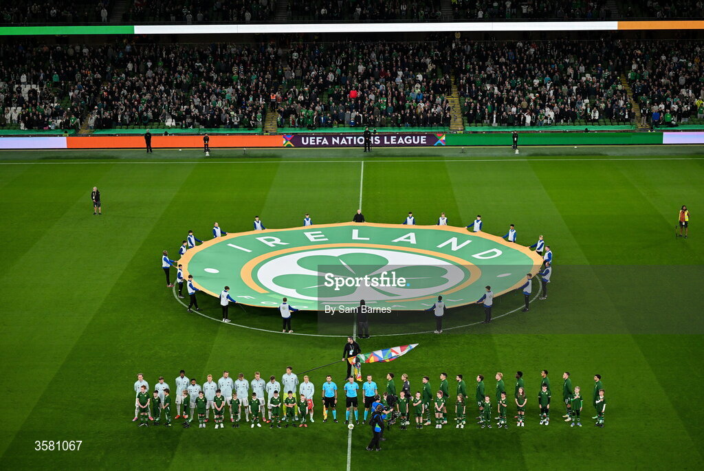 1 October 2026; Players from both sides stand for the playing of the national anthems before the UEFA Nations League B match between the Republic of Ireland and Austria at the Aviva Stadium in Dublin. Photo by Sam Barnes/Sportsfile