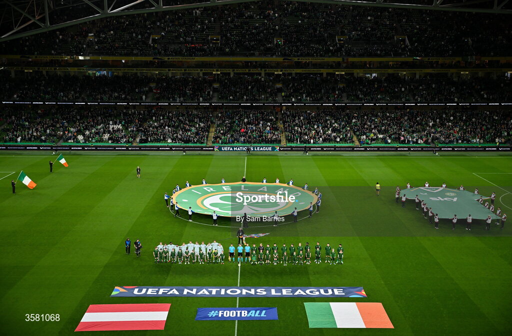 1 October 2026; Players from both sides line-up before the UEFA Nations League B match between the Republic of Ireland and Austria at the Aviva Stadium in Dublin. Photo by Sam Barnes/Sportsfile