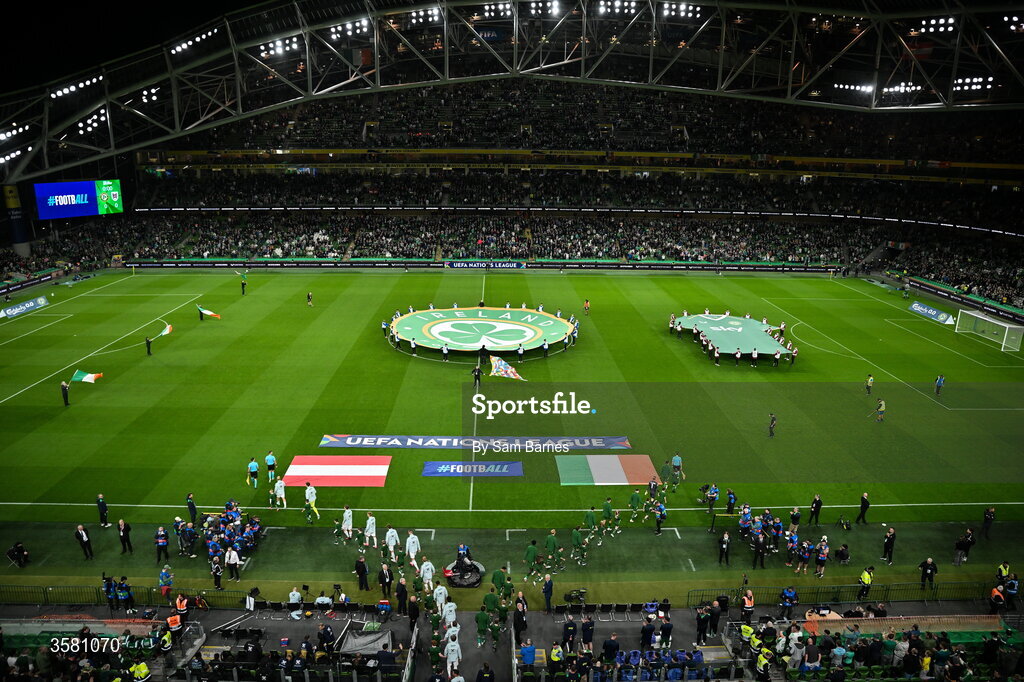 1 October 2026; Players from both sides make their way onto the pitch before the UEFA Nations League B match between the Republic of Ireland and Austria at the Aviva Stadium in Dublin. Photo by Sam Barnes/Sportsfile