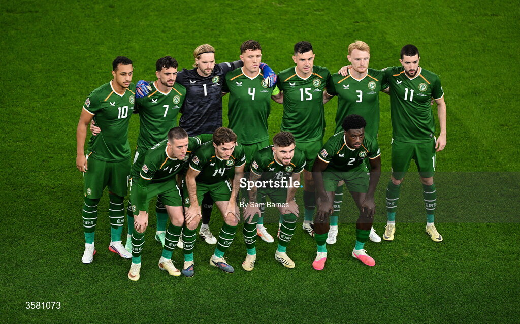 1 October 2026; The Republic of Ireland team back row, from left, Adam Idah, Troy Parrott, goalkeeper Caoimhín Kelleher, captain Dara O'Shea, John Egan, Liam Scales, Finn Azaz, and front row, from left, Jack Moylan, Conor Coventry, Ryan Manning and James Abankwah stand for a team photograph before the UEFA Nations League B match between the Republic of Ireland and Austria at the Aviva Stadium in Dublin. Photo by Sam Barnes/Sportsfile