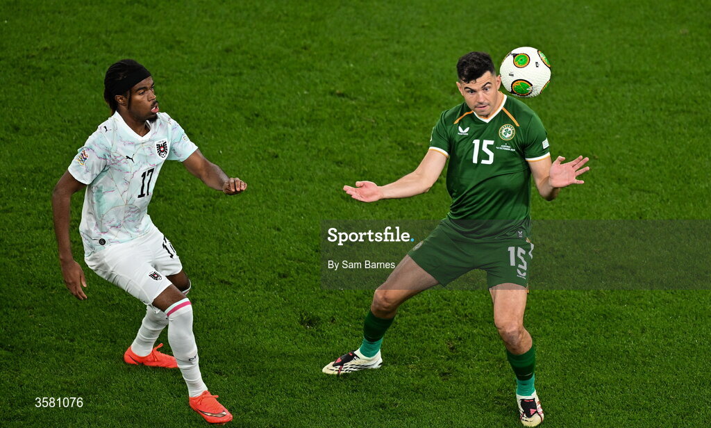 1 October 2026; John Egan of Republic of Ireland in action against Carney Chukwuemeka of Austria during the UEFA Nations League B match between the Republic of Ireland and Austria at the Aviva Stadium in Dublin. Photo by Sam Barnes/Sportsfile