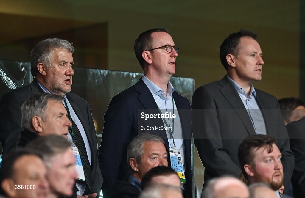 1 October 2026; FAI President Paul Cooke, left, FAI chief executive officer David Courell, centre, and Minister of State at the Department of Tourism, Culture, Arts, Gaeltacht, Sport and Media Charlie McConalogue TD before the UEFA Nations League B match between the Republic of Ireland and Austria at the Aviva Stadium in Dublin. Photo by Ben McShane/Sportsfile