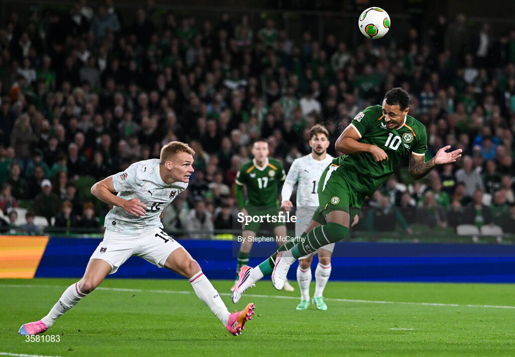 1 October 2026; Adam Idah of Republic of Ireland has a header on goal despite the efforts of Philipp Lienhart of Austria during the UEFA Nations League B match between the Republic of Ireland and Austria at the Aviva Stadium in Dublin. Photo by Stephen McCarthy/Sportsfile
