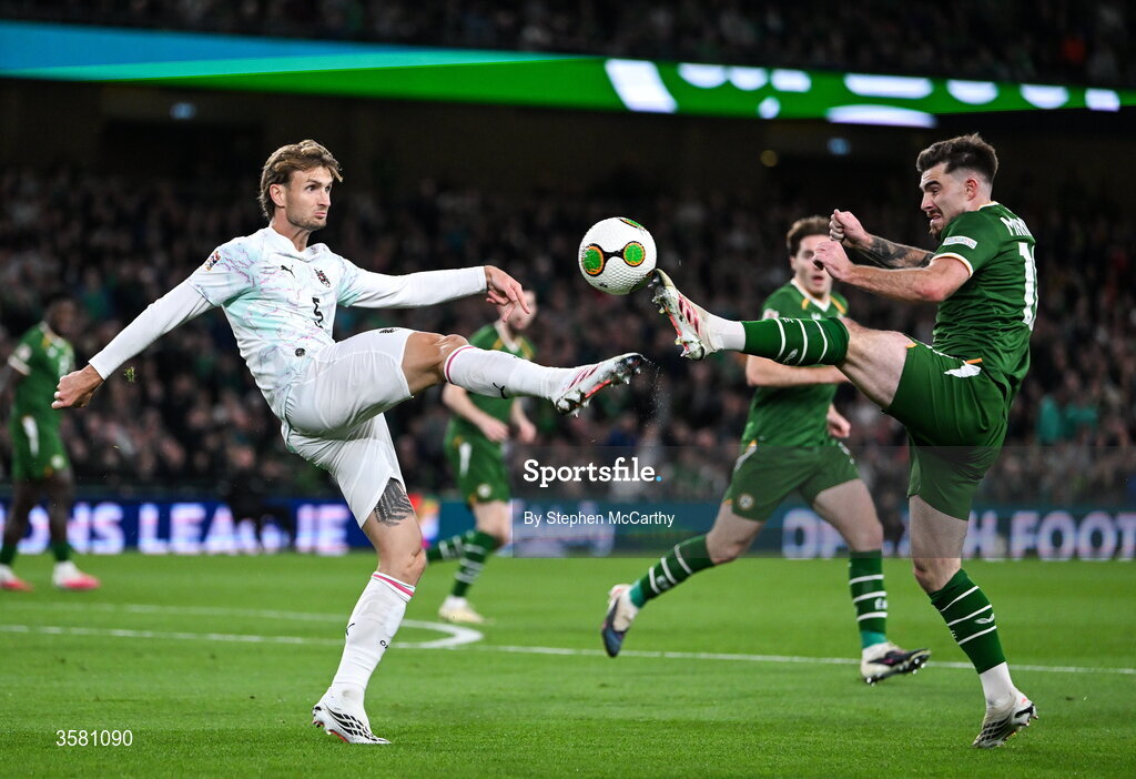 1 October 2026; Stefan Posch of Austria in action against Ryan Manning of Republic of Ireland during the UEFA Nations League B match between the Republic of Ireland and Austria at the Aviva Stadium in Dublin. Photo by Stephen McCarthy/Sportsfile