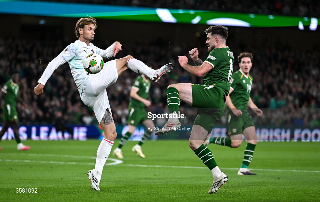 1 October 2026; Stefan Posch of Austria in action against Ryan Manning of Republic of Ireland during the UEFA Nations League B match between the Republic of Ireland and Austria at the Aviva Stadium in Dublin. Photo by Stephen McCarthy/Sportsfile