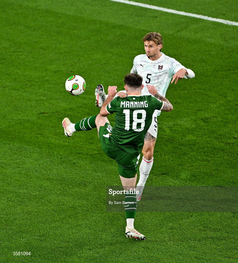 1 October 2026; Ryan Manning of Republic of Ireland is caught by Stefan Posch of Austria during the UEFA Nations League B match between the Republic of Ireland and Austria at the Aviva Stadium in Dublin. Photo by Sam Barnes/Sportsfile