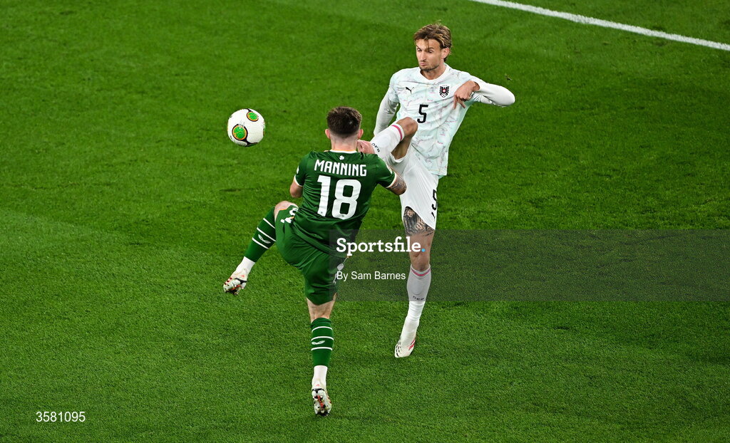 1 October 2026; Ryan Manning of Republic of Ireland is caught by Stefan Posch of Austria during the UEFA Nations League B match between the Republic of Ireland and Austria at the Aviva Stadium in Dublin. Photo by Sam Barnes/Sportsfile