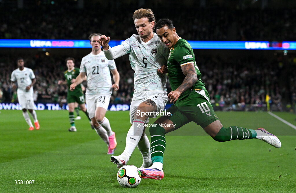 1 October 2026; Adam Idah of Republic of Ireland in action against Stefan Posch of Austria during the UEFA Nations League B match between the Republic of Ireland and Austria at the Aviva Stadium in Dublin. Photo by Stephen McCarthy/Sportsfile