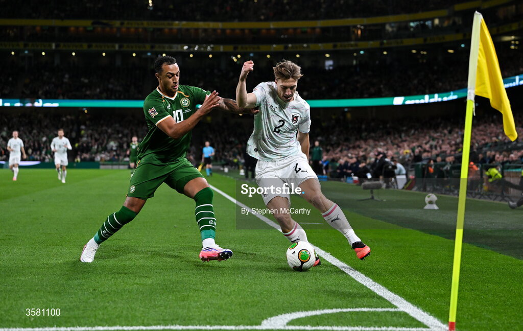 1 October 2026; David Affengruber of Austria in action against Adam Idah of Republic of Ireland during the UEFA Nations League B match between the Republic of Ireland and Austria at the Aviva Stadium in Dublin. Photo by Stephen McCarthy/Sportsfile