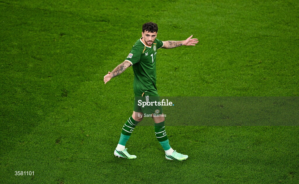 1 October 2026; Troy Parrott of Republic of Ireland celebrates after scoring his side's first goal during the UEFA Nations League B match between the Republic of Ireland and Austria at the Aviva Stadium in Dublin. Photo by Sam Barnes/Sportsfile